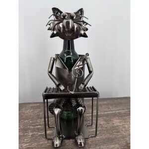 Berkeley Designs 12" Cat Musician Metal Polished Wine Caddy Holder Bar Decor Pia